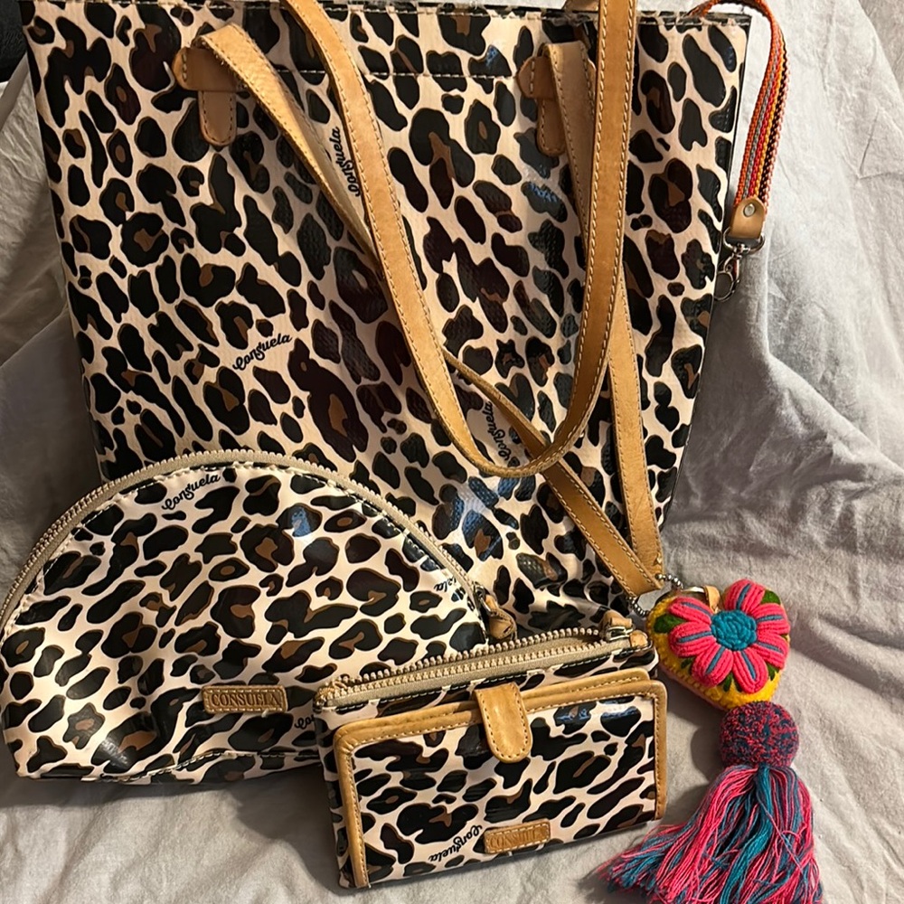 Consuela Leopard Print Tote Bag Set - Brown and Tan